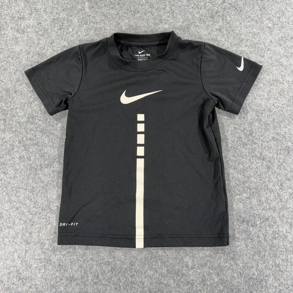 Nike Kids Dri-FIT Athletic T-Shirt Black White Swoosh Graphic Tee Size 7